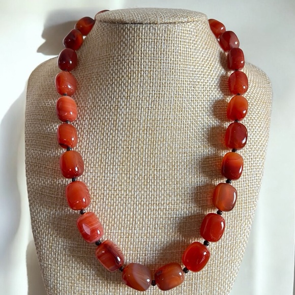 Vintage Lucas Lameth CN 925 Red Orange Agate Stone Bead Necklace 17” +3” Ext 20” - Picture 2 of 11